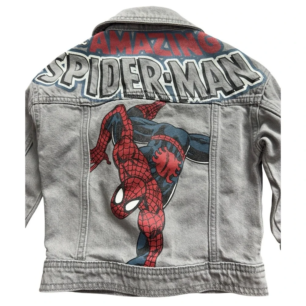 Marvel Spider-man Gray Denim Jacket Toddler Sz 3T Snap Closure With Pockets